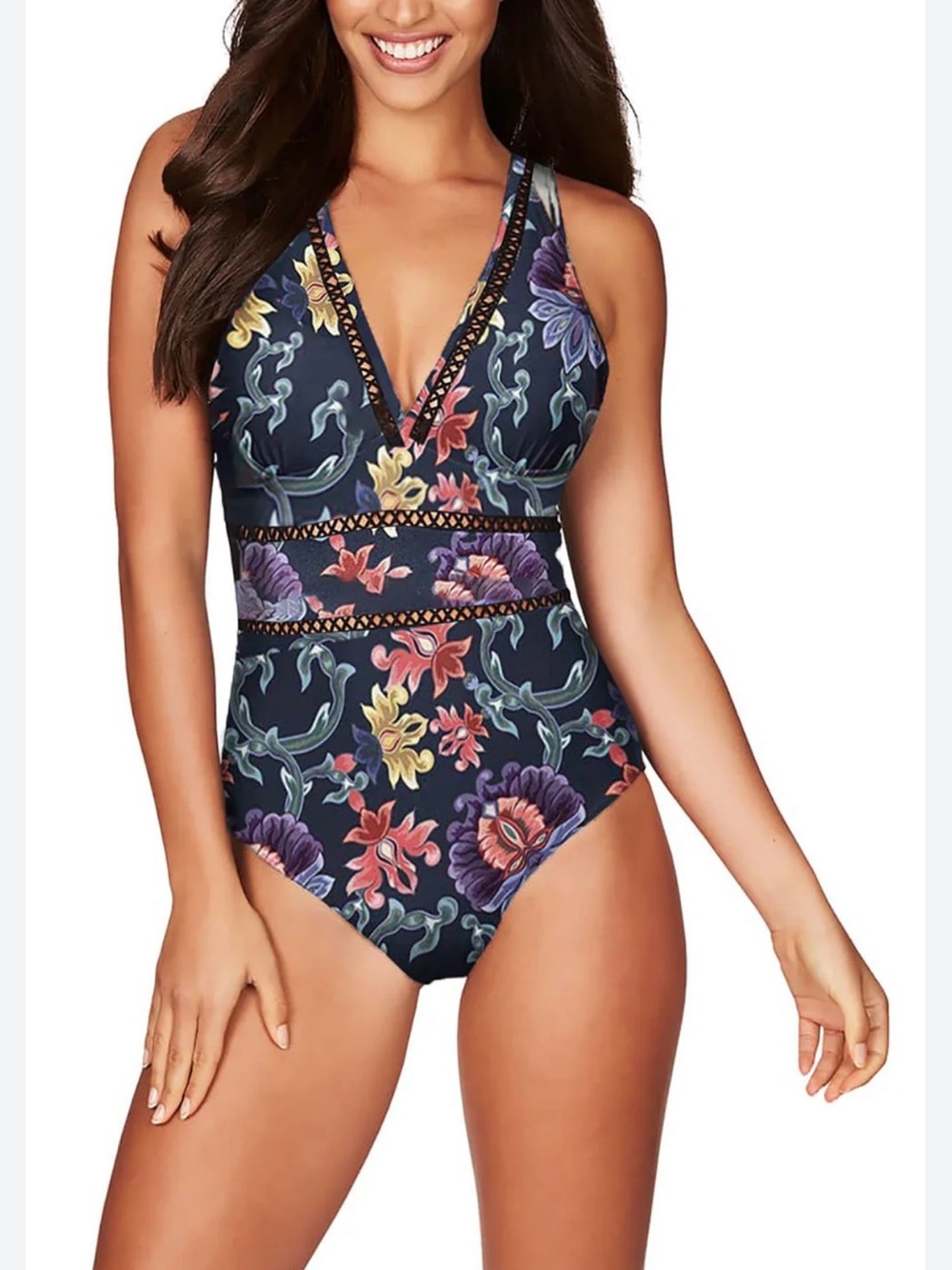 Biden women’s size medium halter neck, one piece swimsuit, crochet insert detail